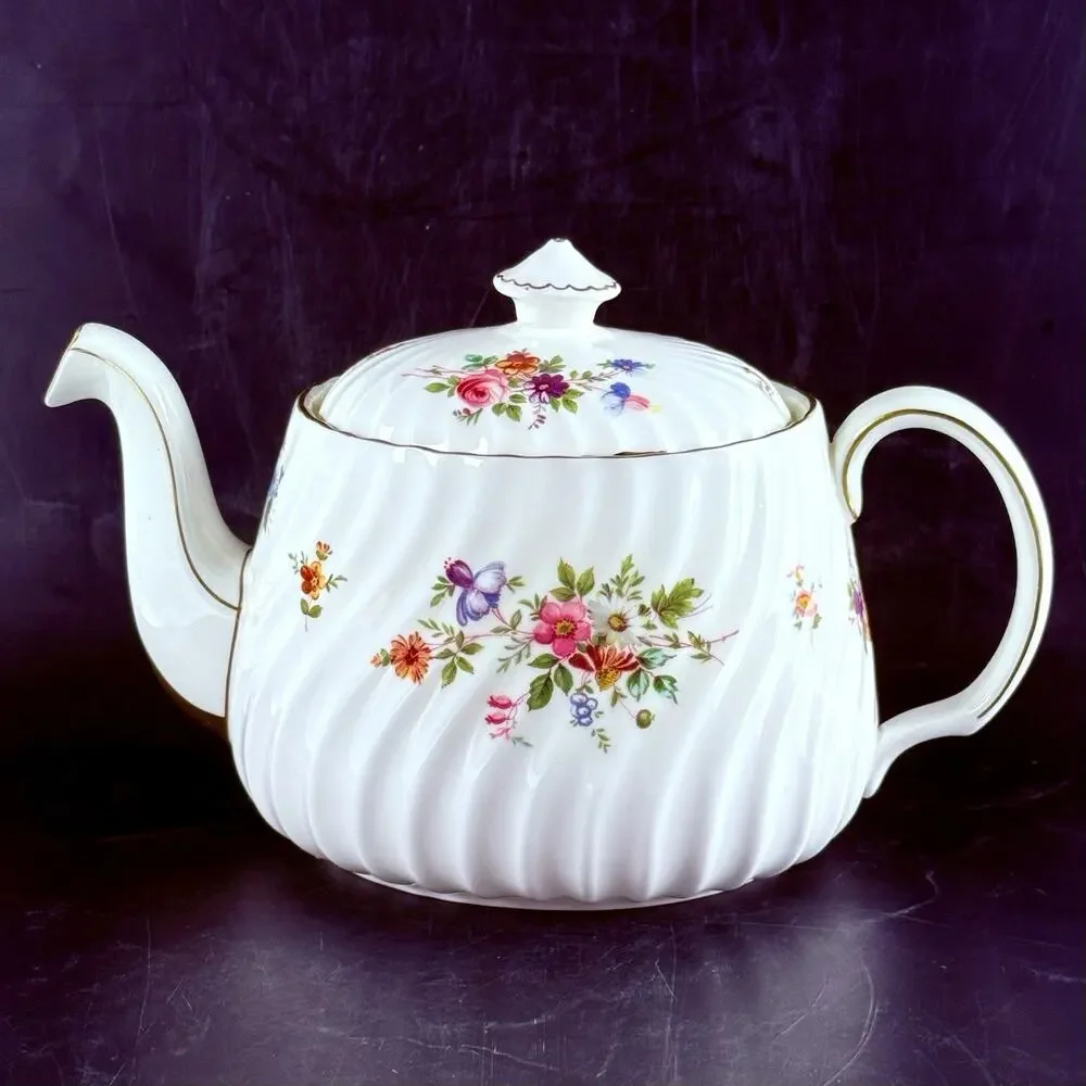 Vintage Minton Bone China Teapot Marlow S309 Floral Gold Trim England